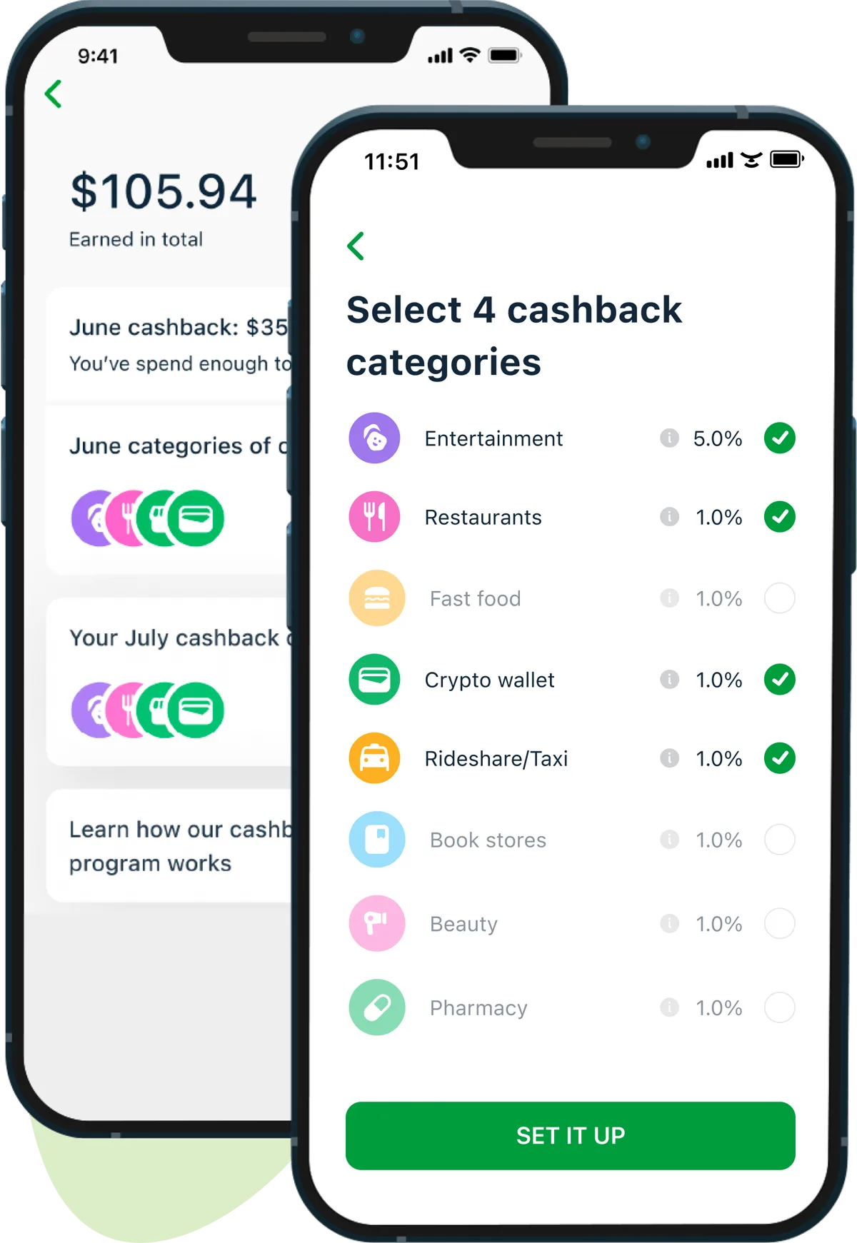 Selecting cashback categories in the B9 app