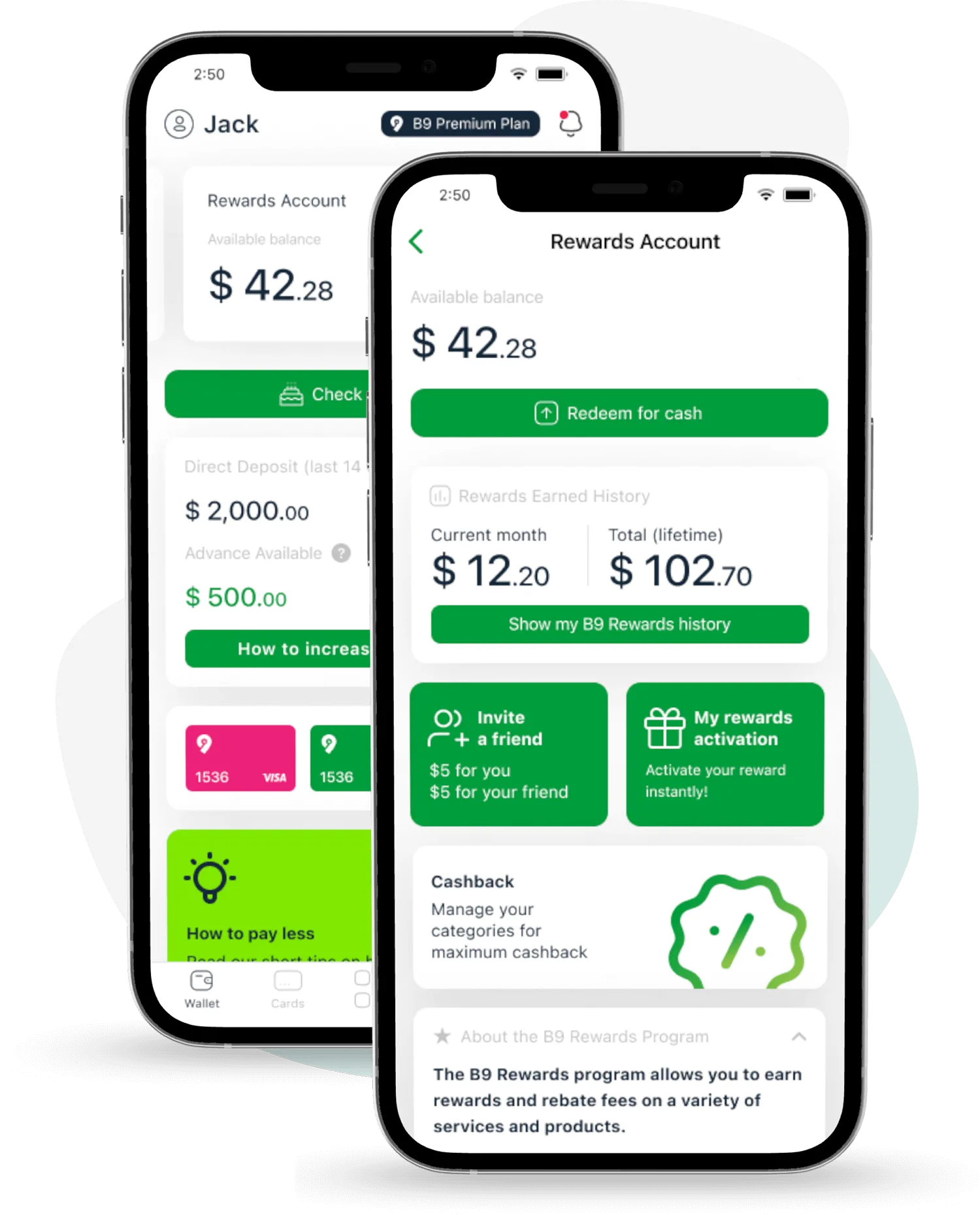B9 Rewards account screens showing available balance and rewards history