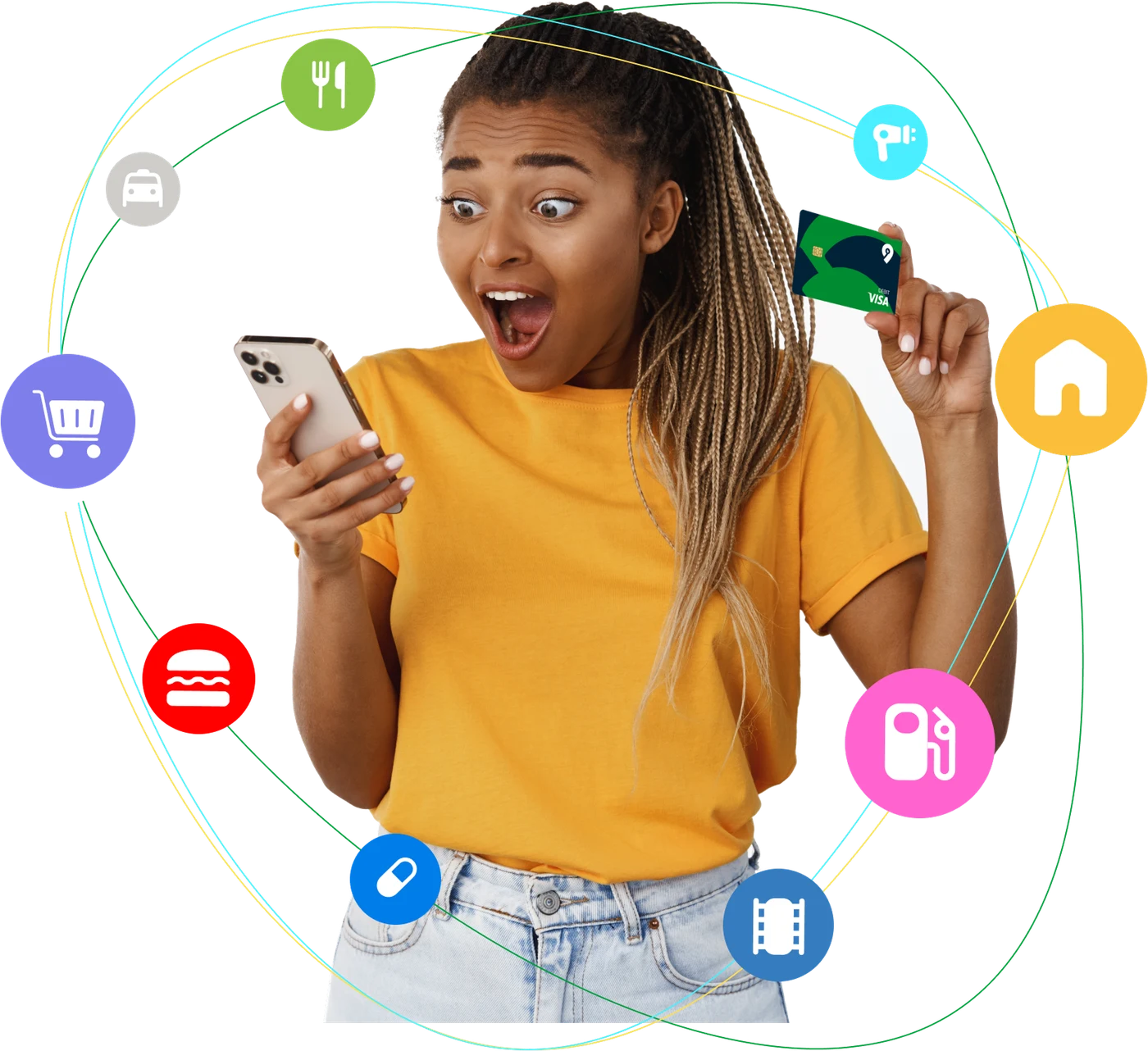 B9 member holding a phone and a B9 Visa card, surrounded by cashback category icons