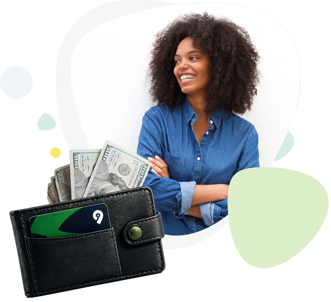 A B9 member with a wallet holding a B9 Visa® Debit Card and cash
