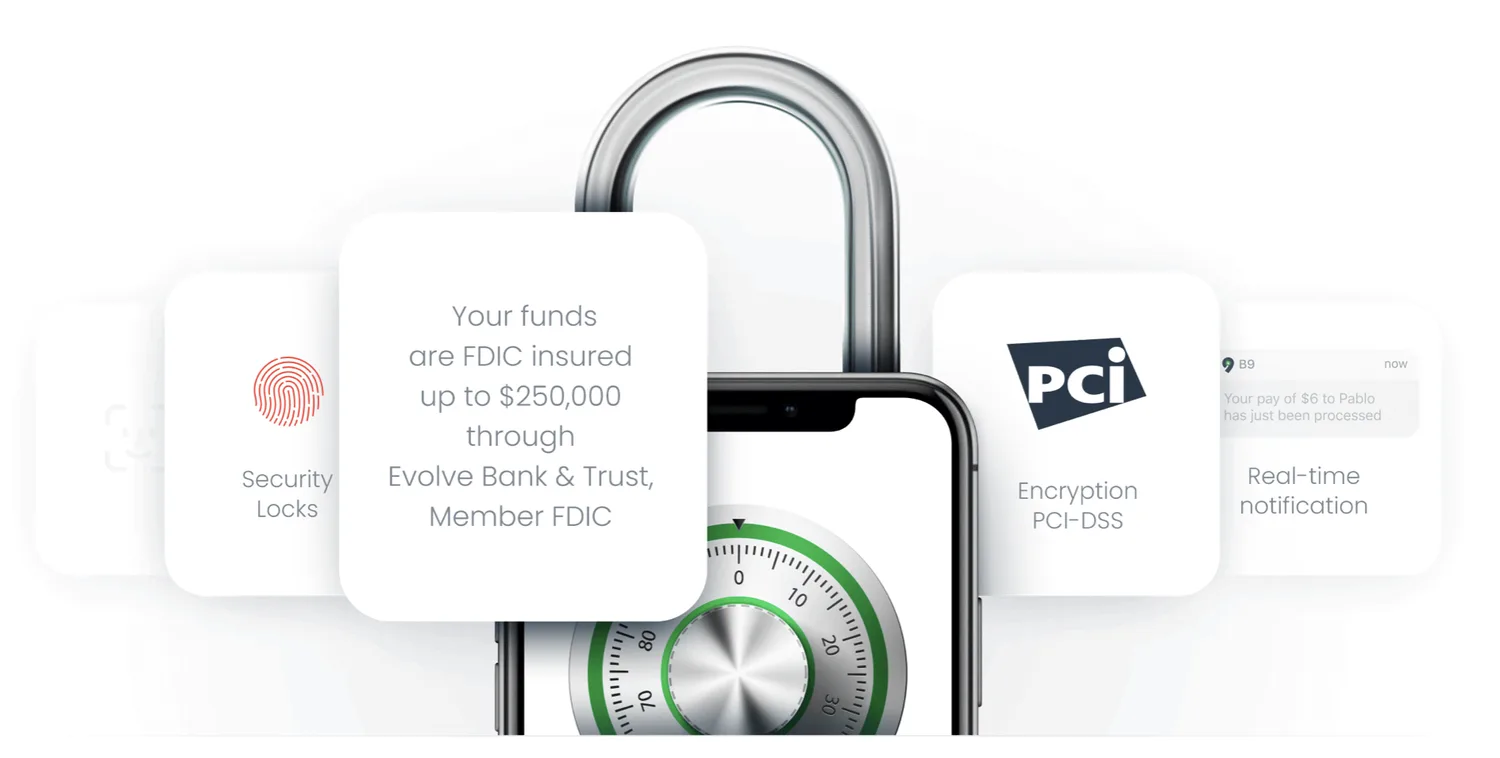 Security locks, FDIC insurance, PCI-DSS encryption and real-time notifications protect your B9 account